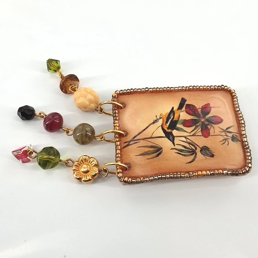 Vtg‎ Katy Stidley Let It Bead Artisan Bird Flower Beaded Dangle Brooch Pin 90s